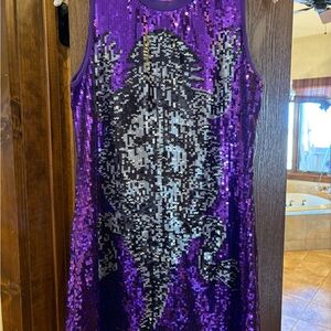 QUEEN OF SPARKLES Purple Sequin Horned Frog Dress, NWT, XS